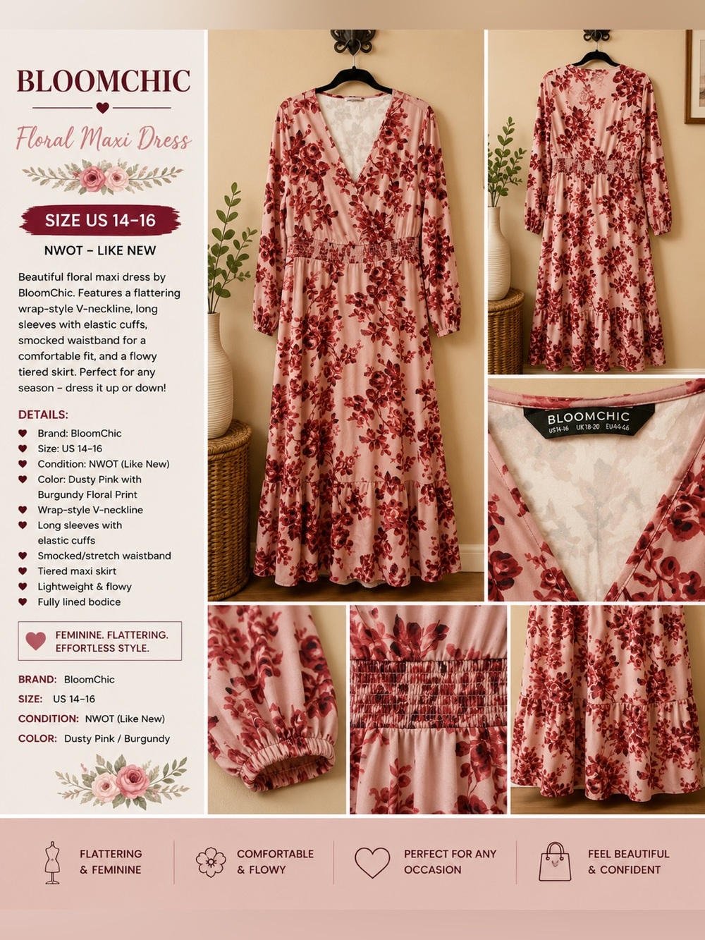 BloomChic Floral Maxi Dress Pink & Red Size 14-16 Like New